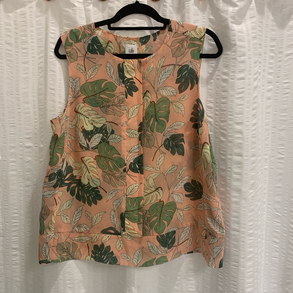 CAbi Pink and Green Leaf Print Blouse
